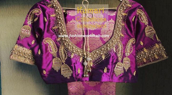 Purple berry kanjeevaram saree with jumkha designed blouse ...