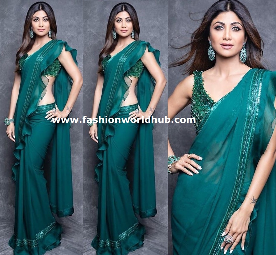 Shilpa Shetty in a green ruffle saree | Fashionworldhub