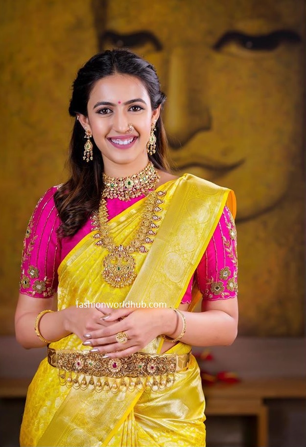 Niharika konidela in yellow kanjeevaram silk saree! | Fashionworldhub
