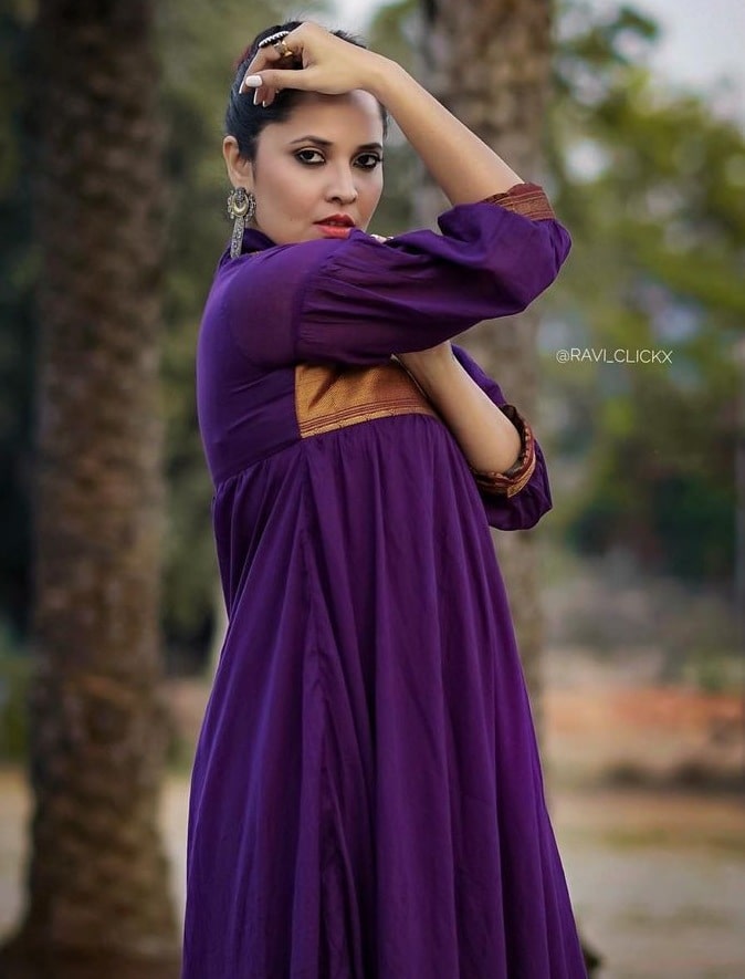 Anasuya Bharadwaj in purple maxi dress by Gauri Naidu | Fashionworldhub
