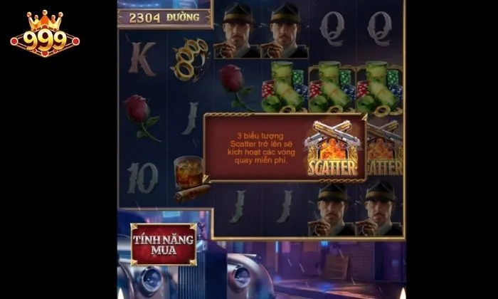 Mafia Mayhem 999BET Thu thập đủ 3 biểu tượng scatter để kích hoạt vòng quay miễn phí